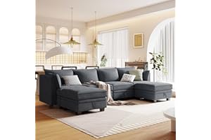 P PURLOVE Modern Large Sectional Sofa, U-Shape Modular Sectional Sofa with Storage Function and 2 Pillows, Convertible Sofa Bed with Reversible Chaise for Living Room, Dark Gray