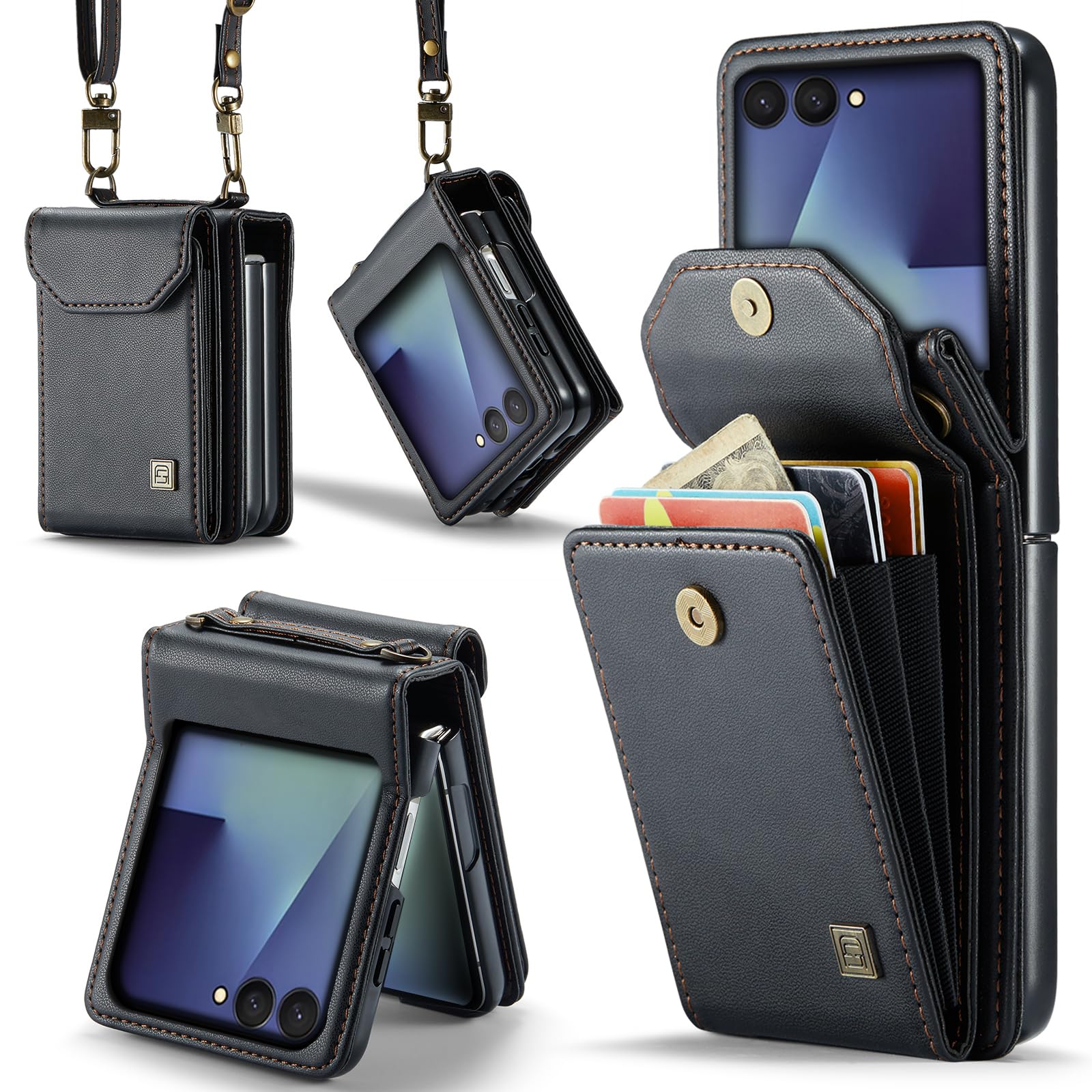 ASAPDOS Crossbody Case Compatible with Samsung Galaxy Z Flip 7,Retro PU Leather Strap Wristlet Flip Case with Magnetic Closure and Card Holder for Men Women Black