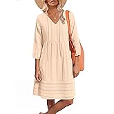 Caracilia Women Summer Casual Beach Vacation Short Dresses 3/4 Sleeve V Neck Floral Loose Fit Spring Resort Shift Tunic Dress