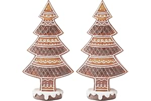 DN DECONATION Christmas Tree Figurines, Set of 2 Gingerbread Tabletop Xmas Trees, Brown Resin Pine Decor with Snow Accents fo