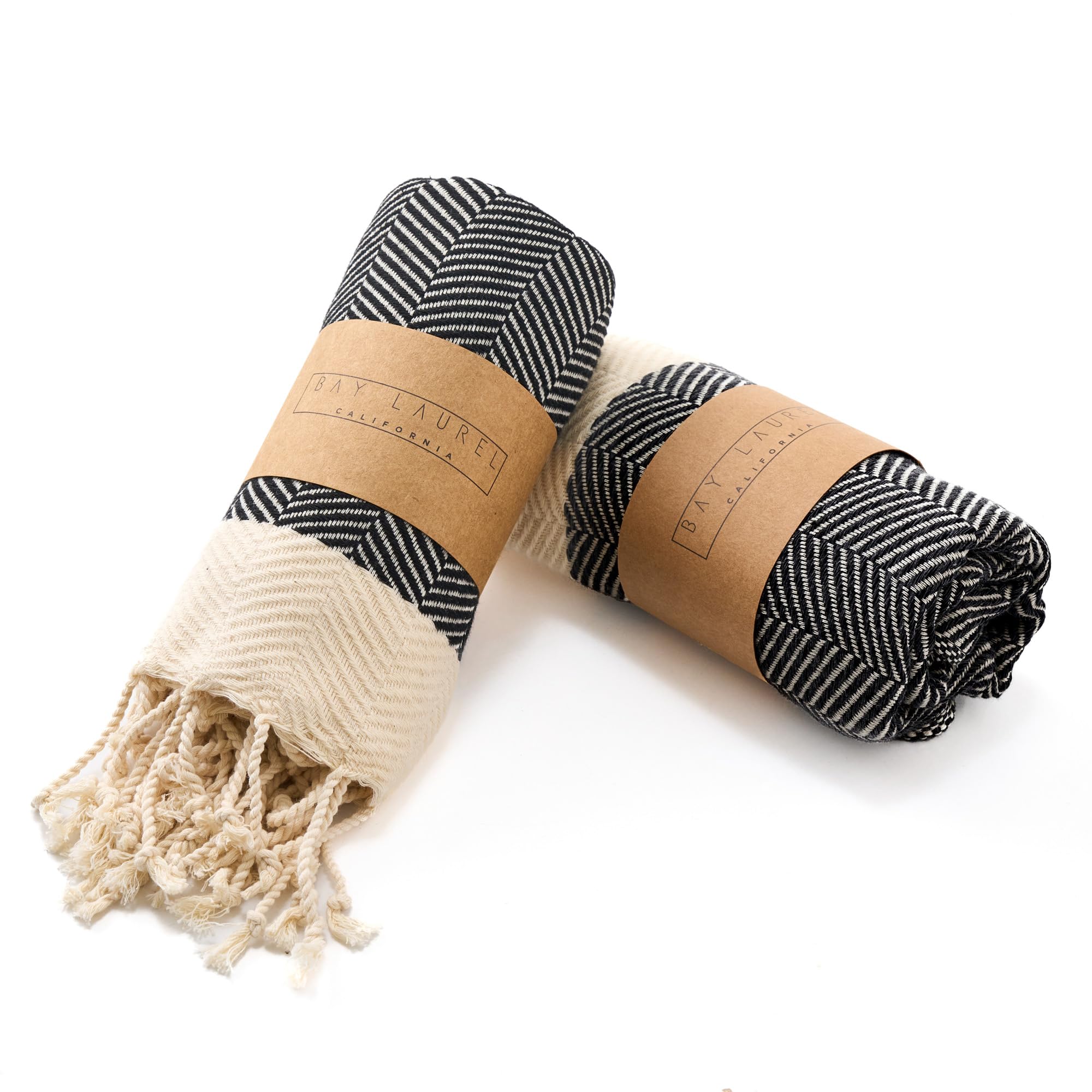 BAY LAUREL Turkish Hand Towel – Pack of 2 | Soft & Absorbent Decorative Towels for Bathroom, Hand, Face, Hair, Gym, Yoga, SPA, Kitchen & Tea | Boho Decor (Black, Herringbone 15x26 Inches (Set of 2)