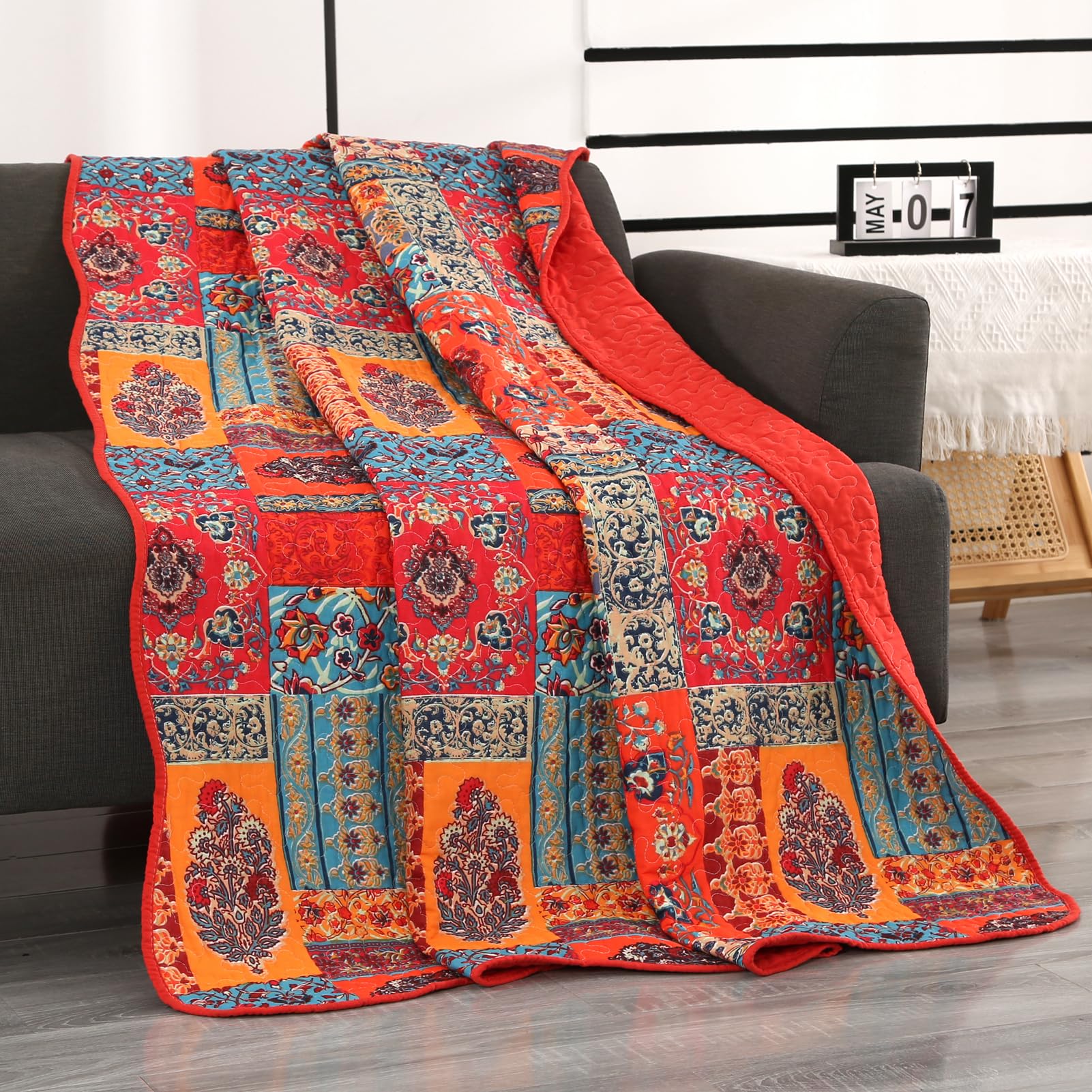 Qucover Single Bedspreads Soft Cotton Microfiber Patchwork Quilt Bedspreads Single 150x200 cm, Flower Pattern Mixed Orange Blue Colors Quilted Bed Throws for Bedroom Decor