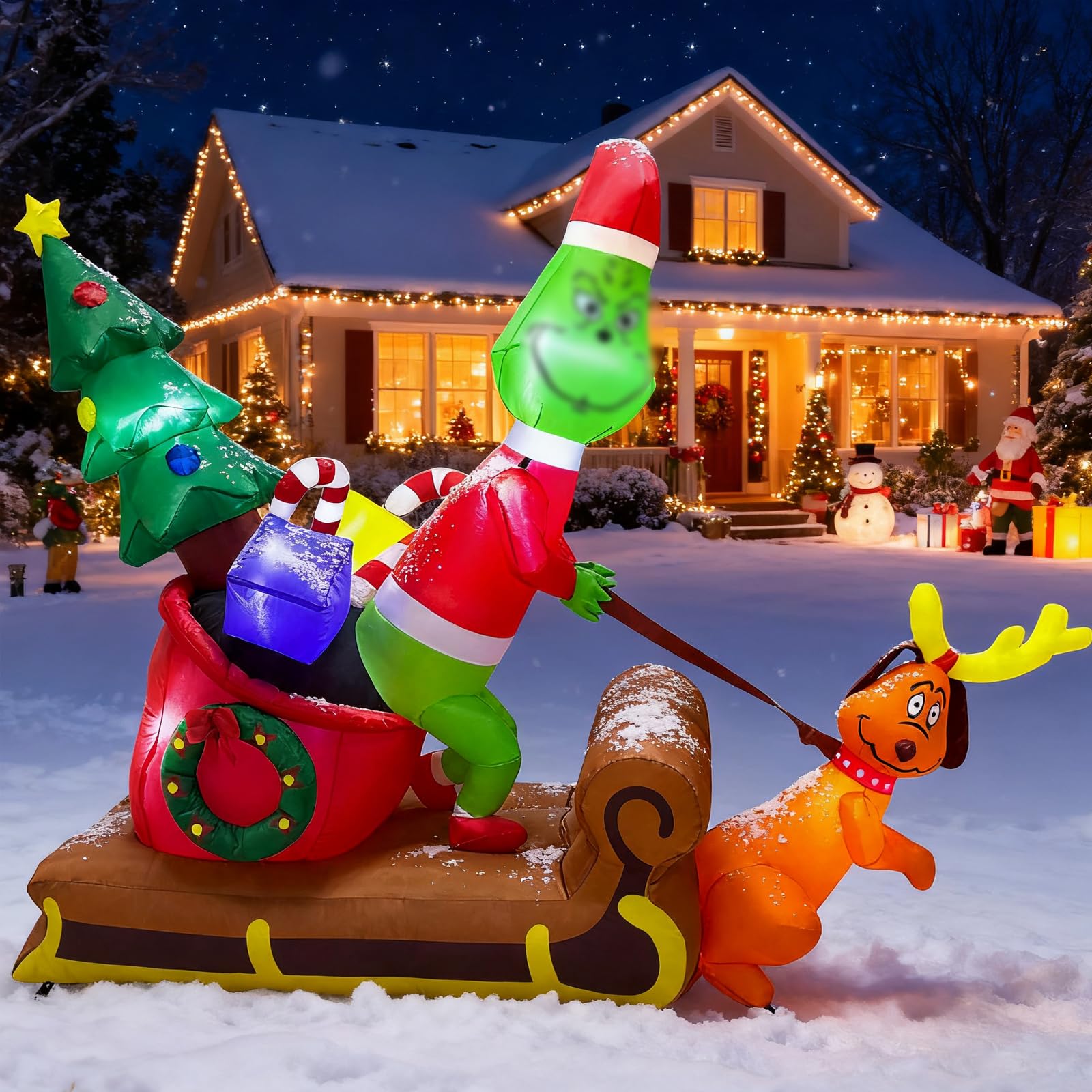 Photo 1 of 6.5FT Christmas Inflatable Outdoor Decoration, Christmas Blow Up Yard Decorations, Green Monster with Sleigh Dog and 7 LED Lights, Light Up Yard Lawn Inflatable Decor
