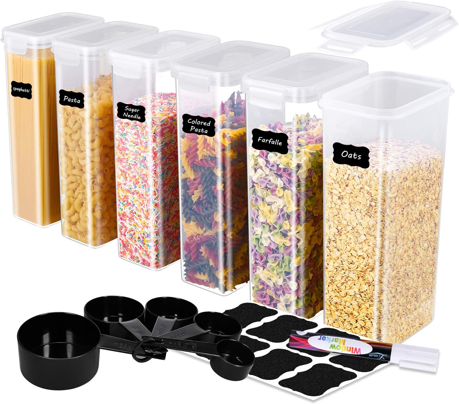 ME.FAN Food Storage Containers [Set of 6] Airtight Storage Keeper-Spaghetti Canisters 2.8L(94.7oz) with 5 Set Measuring Cups 24 Chalkboard labels & Pen-White