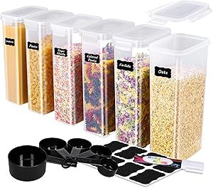 ME.FAN Food Storage Containers [Set of 6] Airtight Storage Keeper-Spaghetti Canisters 2.8L(94.7oz) with 5 Set Measuring Cups 24 Chalkboard labels & Pen-White