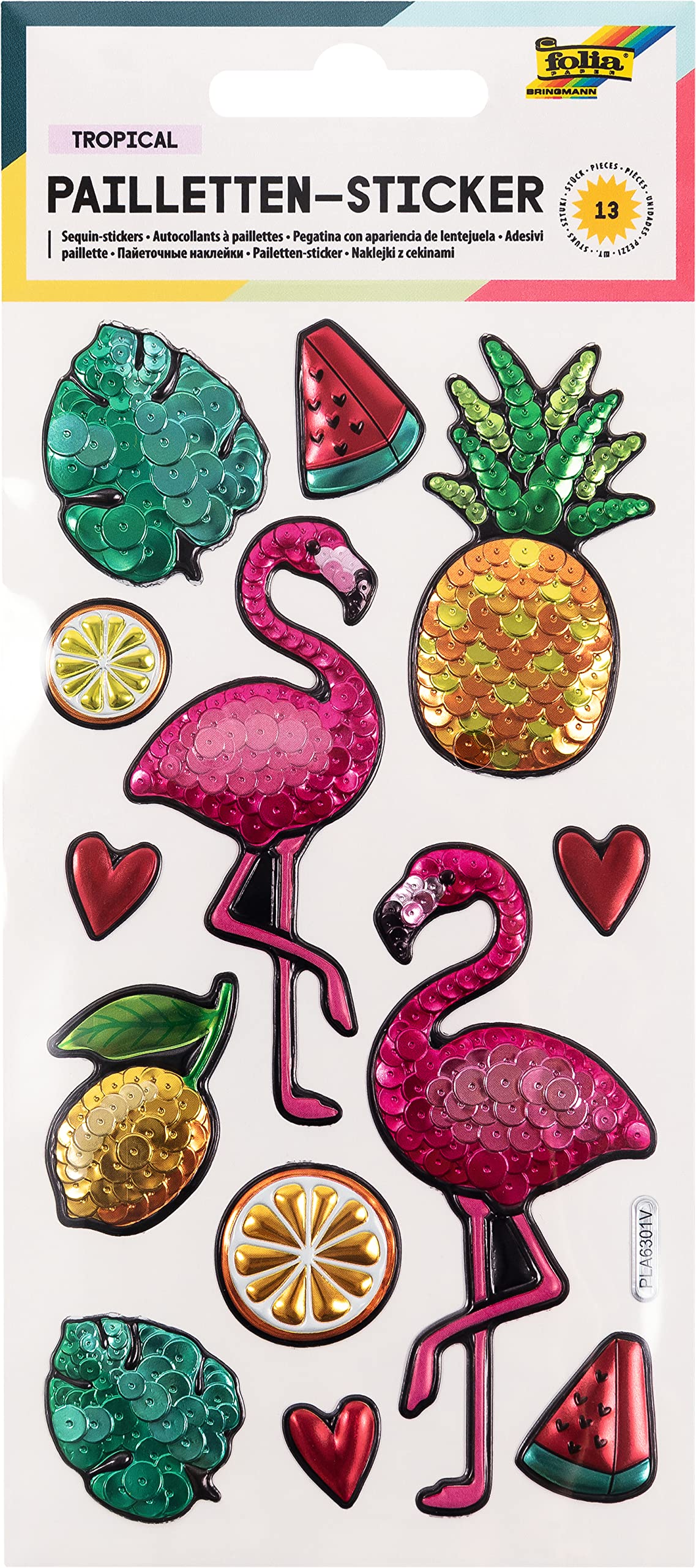 Sequins - Stickers IV with Flamingo Motifs, Metallic Shimmering Plastic Stickers, Pack of 13, Ideal for embellishing Greeting Cards, Crafts and Scrapbooking