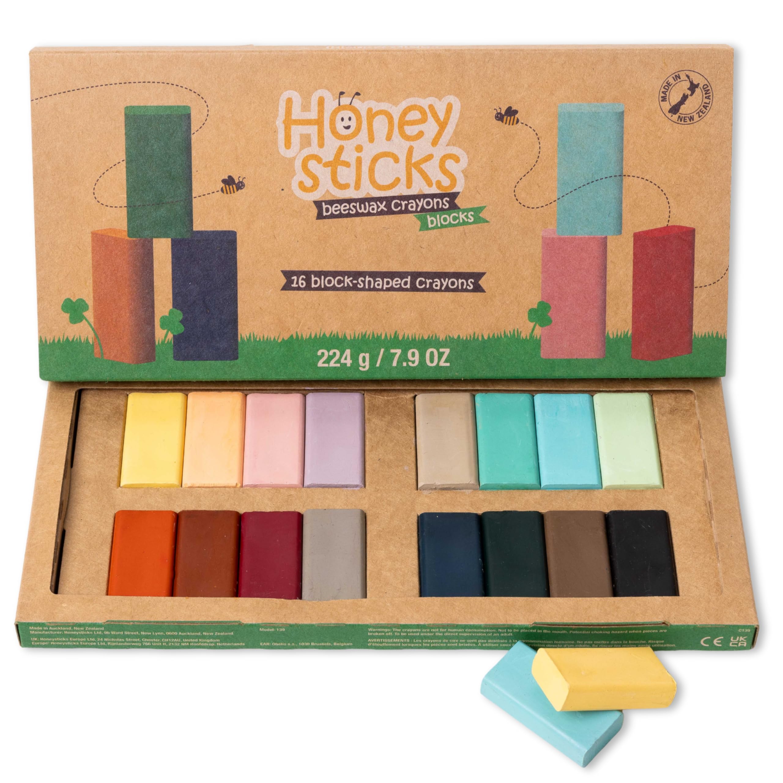 Honeysticks Block Crayons (16 Pack), Non-Toxic, Long-Lasting Jumbo Crayons for Kids, Toddlers, Made from Pure Beeswax and Food-Grade Colors, Ideal for Preschool Art Supplies