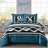 Anibedding Teal Comforter Set King Size, 8 Piece Patchwork Striped Comforter Set, Soft Microfiber Boho Bedding Set for All Season(104"×90")