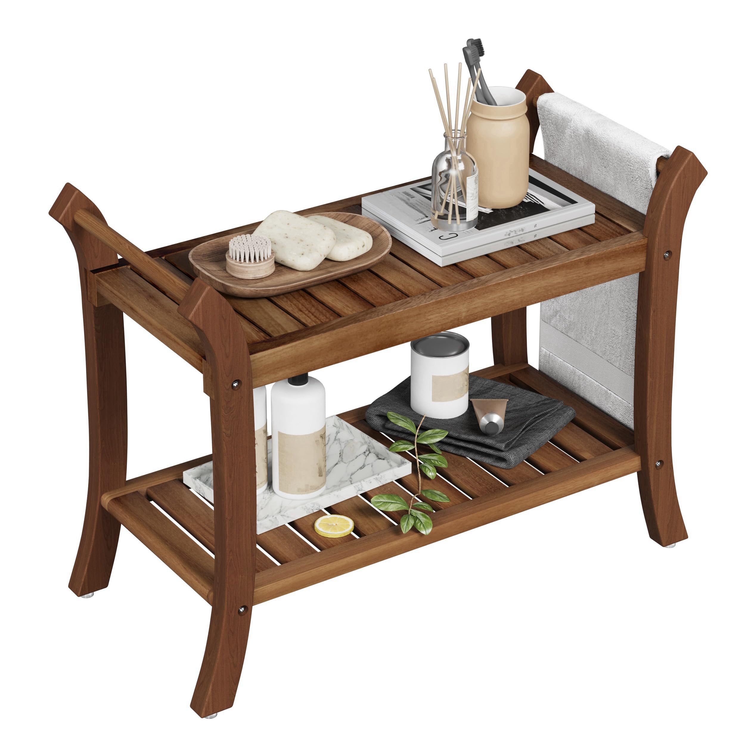 Photo 1 of Smart FENDEE Teak Shower Bench with Safety Arms, 29“ Wide Shower Stool for Inside Shower with Storage Shelf, Square Bench Ideal for Spa Bath Seat, Bathroom, Living Room & Garden Decor