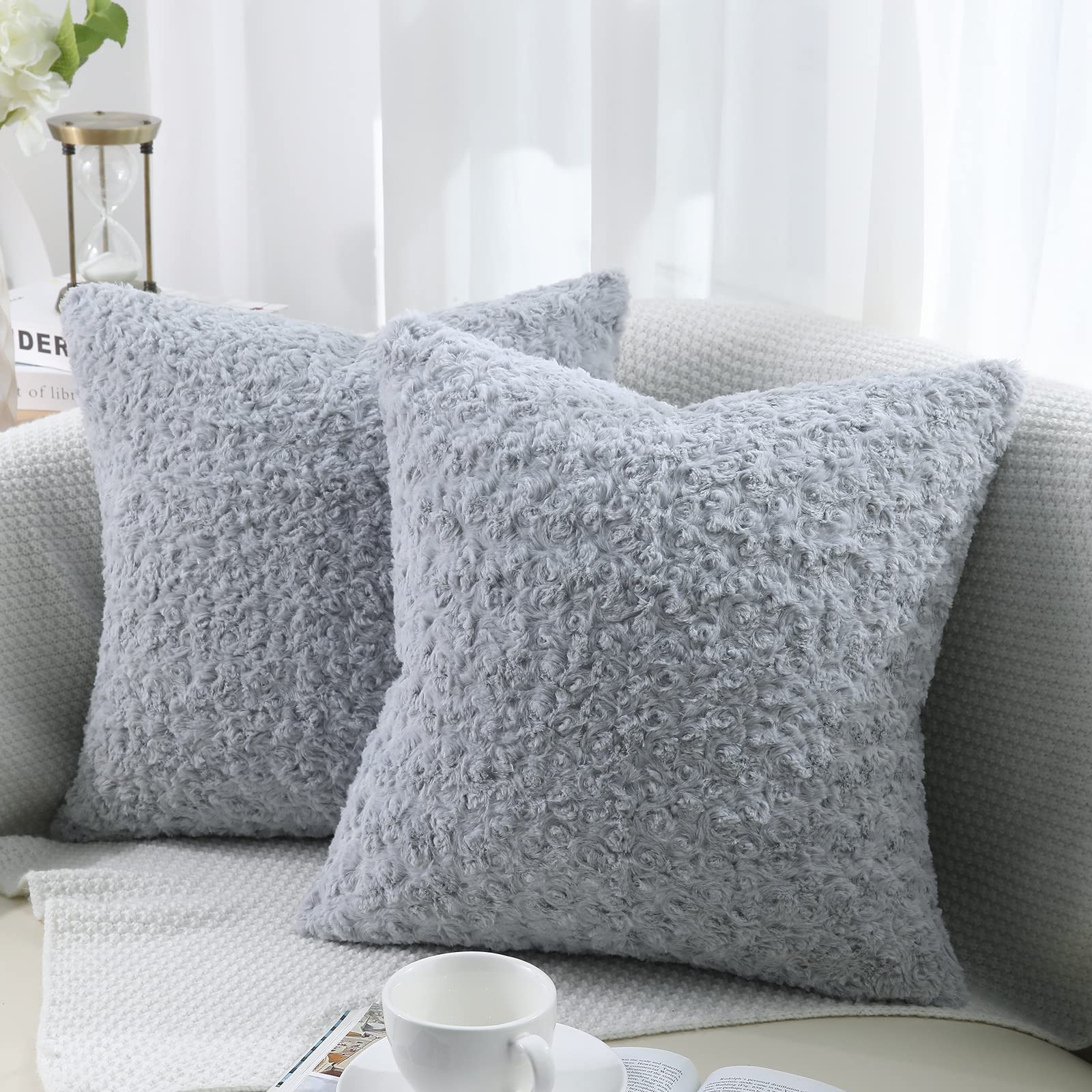 decorUhome Set of 2 Fur Cushion Covers Decorative Faux Fur Plush Fluffy Square Neutral Pillow Case for Sofa, Light Grey, 18 x 18 inch/45x45cm