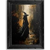 Black Framed Gothic Witch Canvas Wall Art 9x11in | Gloomy Broom Witch Picture Wall Decor,Halloween Moody Forest Print Artwork,for Living Room Bedroom Home Decoration