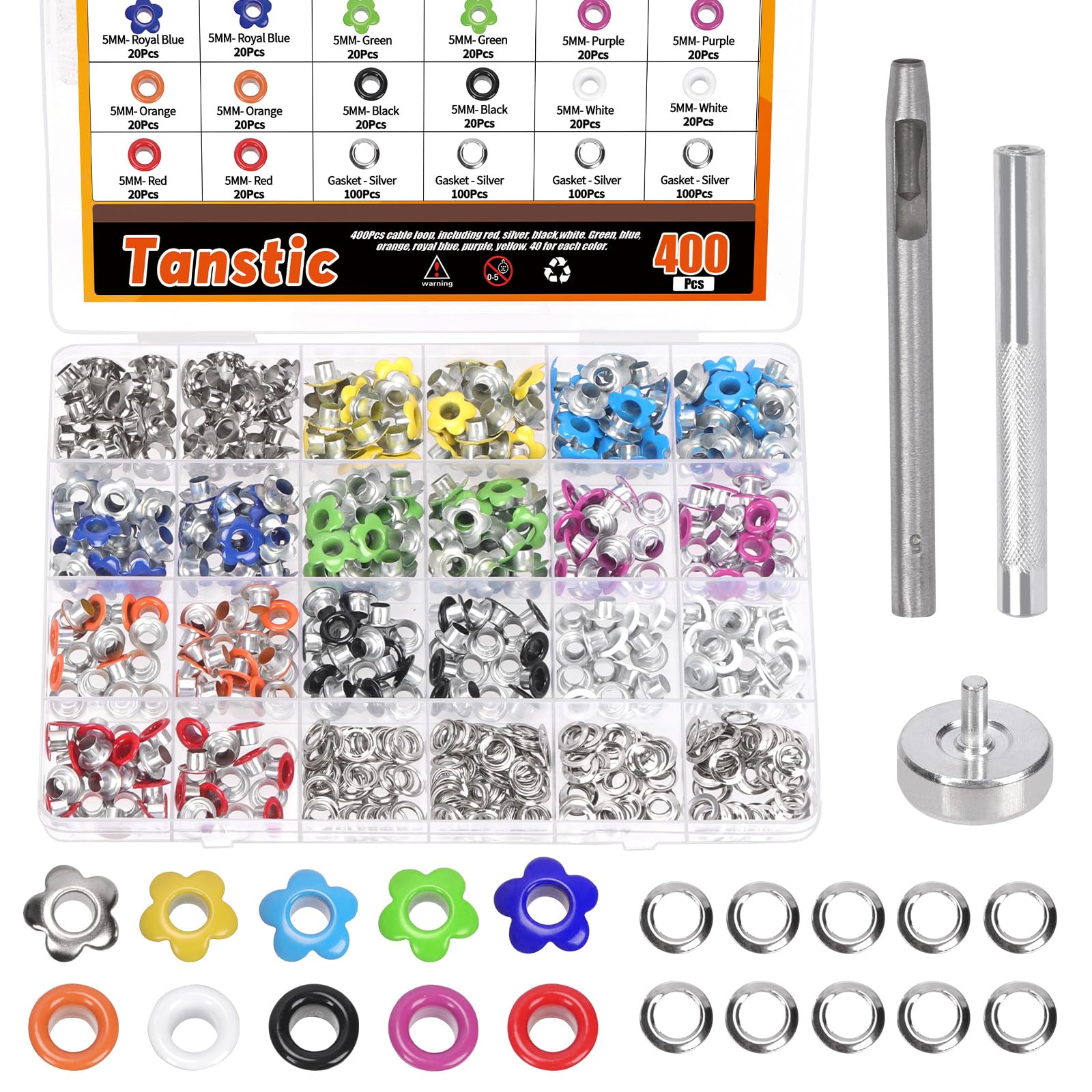 Tanstic 400Pcs 10 Colors 3/16 Inch Grommet Eyelets Metal Eyelets Flower Eyelet Grommets Multi-Color Grommets for Shoes Bag Leather