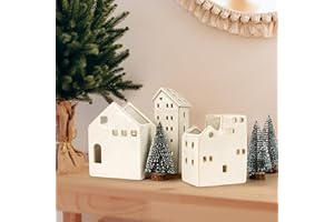 Sunlit Ceramic Christmas Village Sets of 3 Houses with 3 Tea Lights & 3 Frosted Trees, Christmas Decorations Indoor, Xmas Holiday Farmhouse Vintage Rustic Decor for Tabletop Mantle, Beige