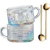 Gezzeny Vintage Glass Coffee Mugs 14 Oz Set of 2 Iridescent Embossed, Tea Cups,Glass Coffee Cups for Cappuccino, Latte,Cereal, Yogurt, Beverage Christmas Thanksgiving Day Gifts