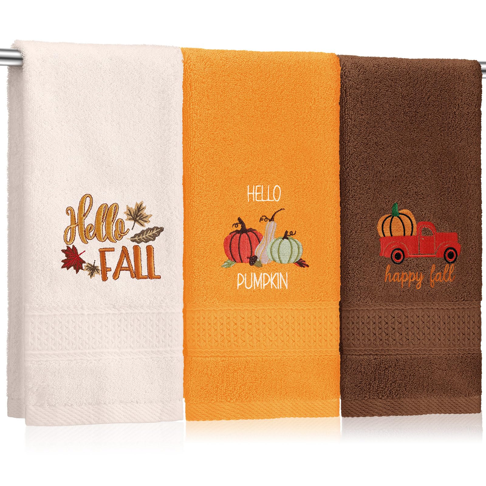 Photo 1 of **** MISSING ORANGE TOWEL **** SmoothNovelty 3 Pcs Fall Pumpkin Hand Towels for Bathroom Embroidered Bathroom Towels Farmhouse Decorative 13.78 x 29.53 Inch Absorbent Soft Cotton for Kitchen Dish Fast Drying Decor