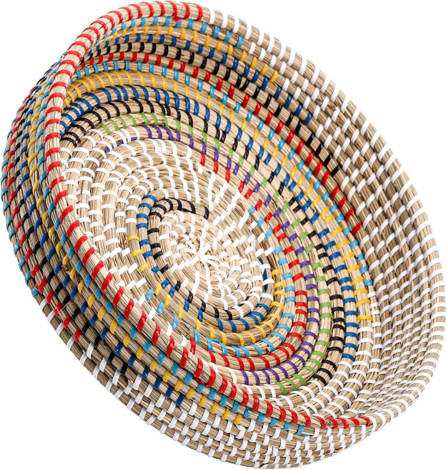 SOUJOY 30cm Woven Seagrass Serving Tray, Rattan Serving Tray, Handmade Round Ottoman Fruit Serving, Colorful Coffee Table Decorative Holder for Bread, Tea, Breakfast, Coffee, Drinks, Snack, Wall Decor