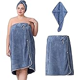 OneDream Plus Size Towel Wrap for Women, Adjustable Towel Wrap Women with Hair Towel (XXL-XXXXL), Bath Towel Dress After Shower, Large Spa Towels for Body Blue
