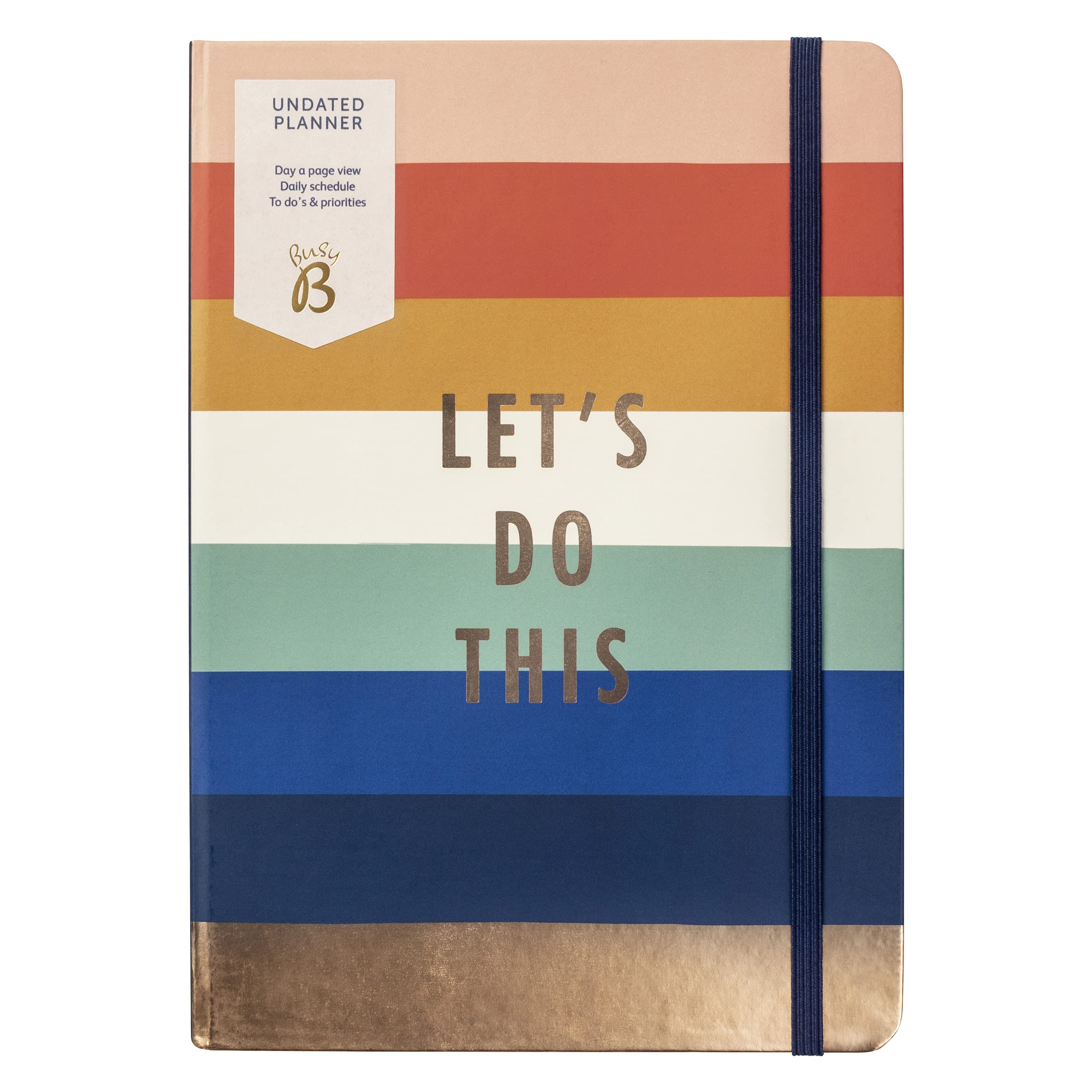 Busy B Undated Planner - Stripe - Faux Leather Life Planner Diary with Undated Daily Schedule, Notes and To Do’s and Priorities with Elastic Closure and Ribbon Page Marker - FSC® Certified