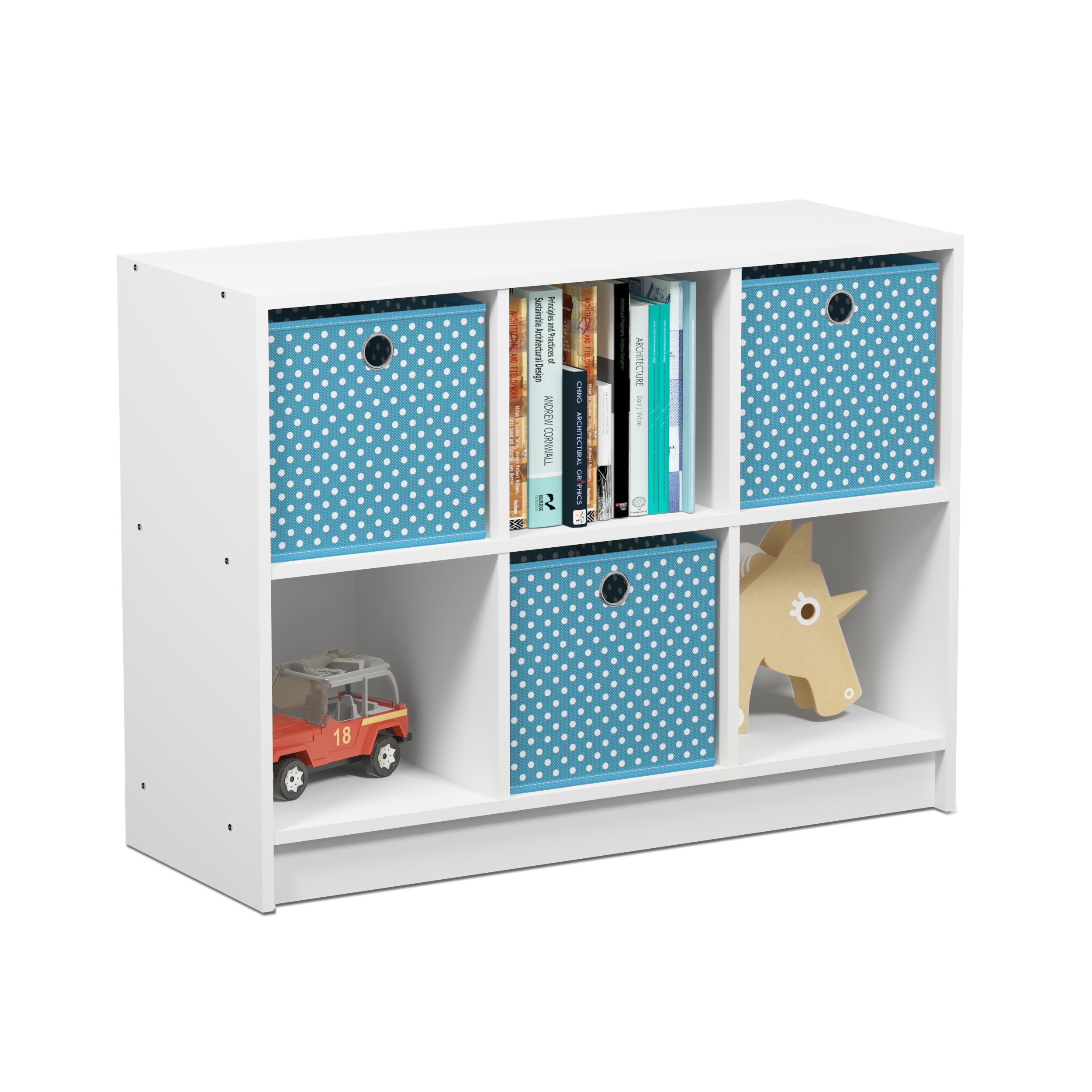 Furinno Basic 3x2 Bookcase Storage w/Bins, White/Light Blue