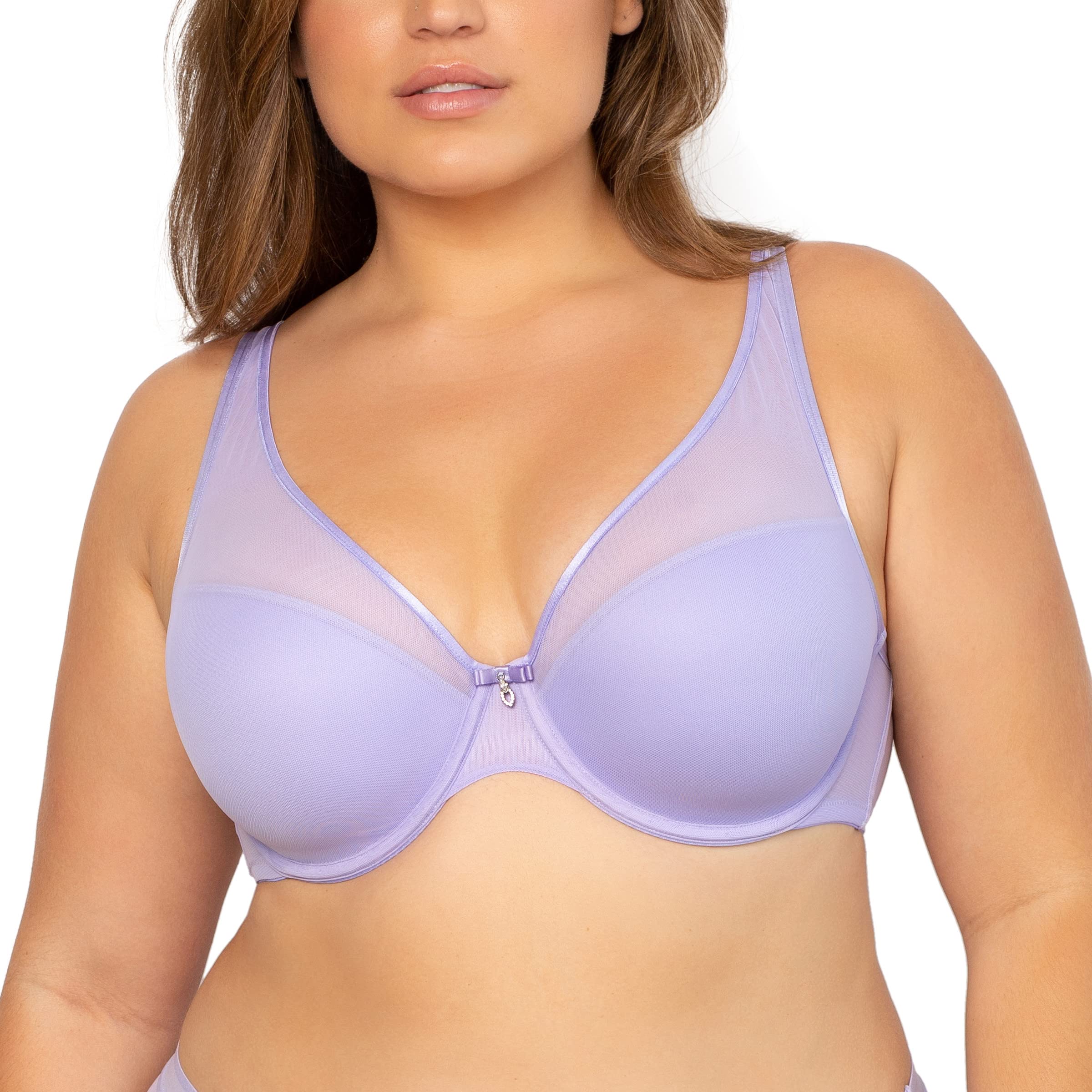 Curvy Couture Women’s Sexy Sheer Mesh Plus Size Plunge T Shirt Bra, Lavender Mist, 44G