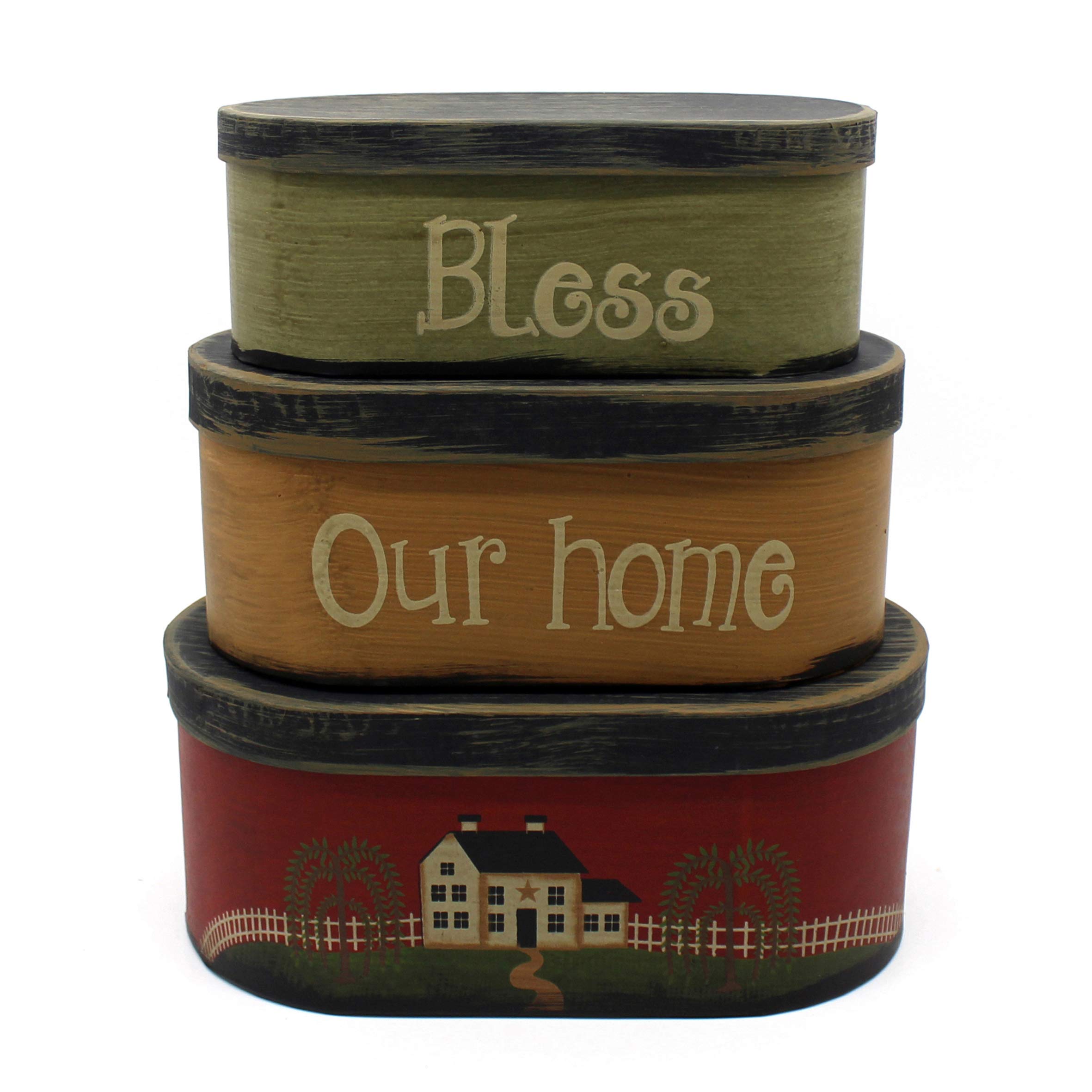 CVHOMEDECO. Primitives Antique Oval Photos, Memories, Keepsakes Cardboard Nesting Boxes, Large 9-3/4 x 5-1/2 x 4 Inch, Set of 3.