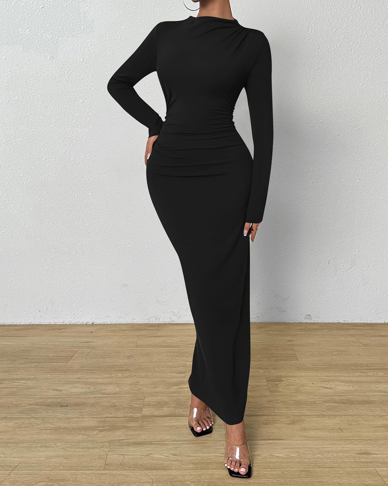 BTFBM Women Bodycon Maxi Dress Long Sleeve Back Slit Ruched Elegant Party Cocktail Formal Fall Wedding Guest Dresses