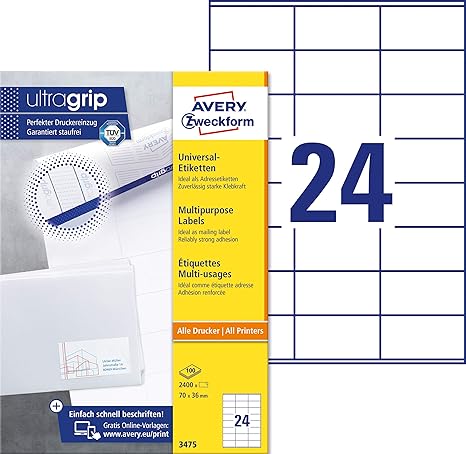 Avery Zweckform 3475 Adressaufkleber A4 (mit ultragrip (70x36 mm, 100 Blatt, Papier matt, bedruckbare, selbstklebende Adresse