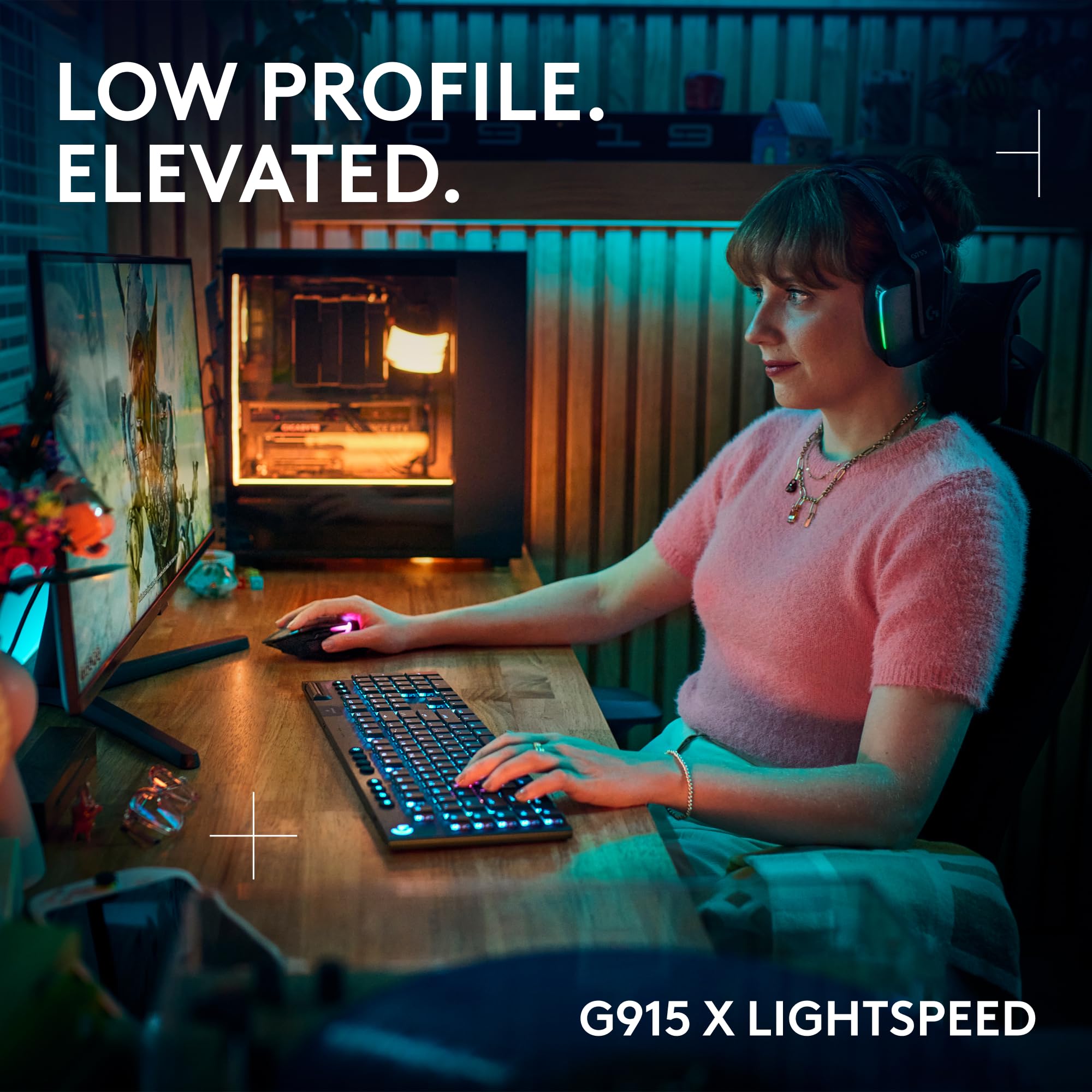 Logitech G915 X Lightspeed Wireless Mechanical Gaming Keyboard, Double-Shot PBT Keycaps, Fully Programmable Keys, RGB Backlit Mac/PC Gaming Keyboards, Aluminum Finish, GL Tactile Switches, Black