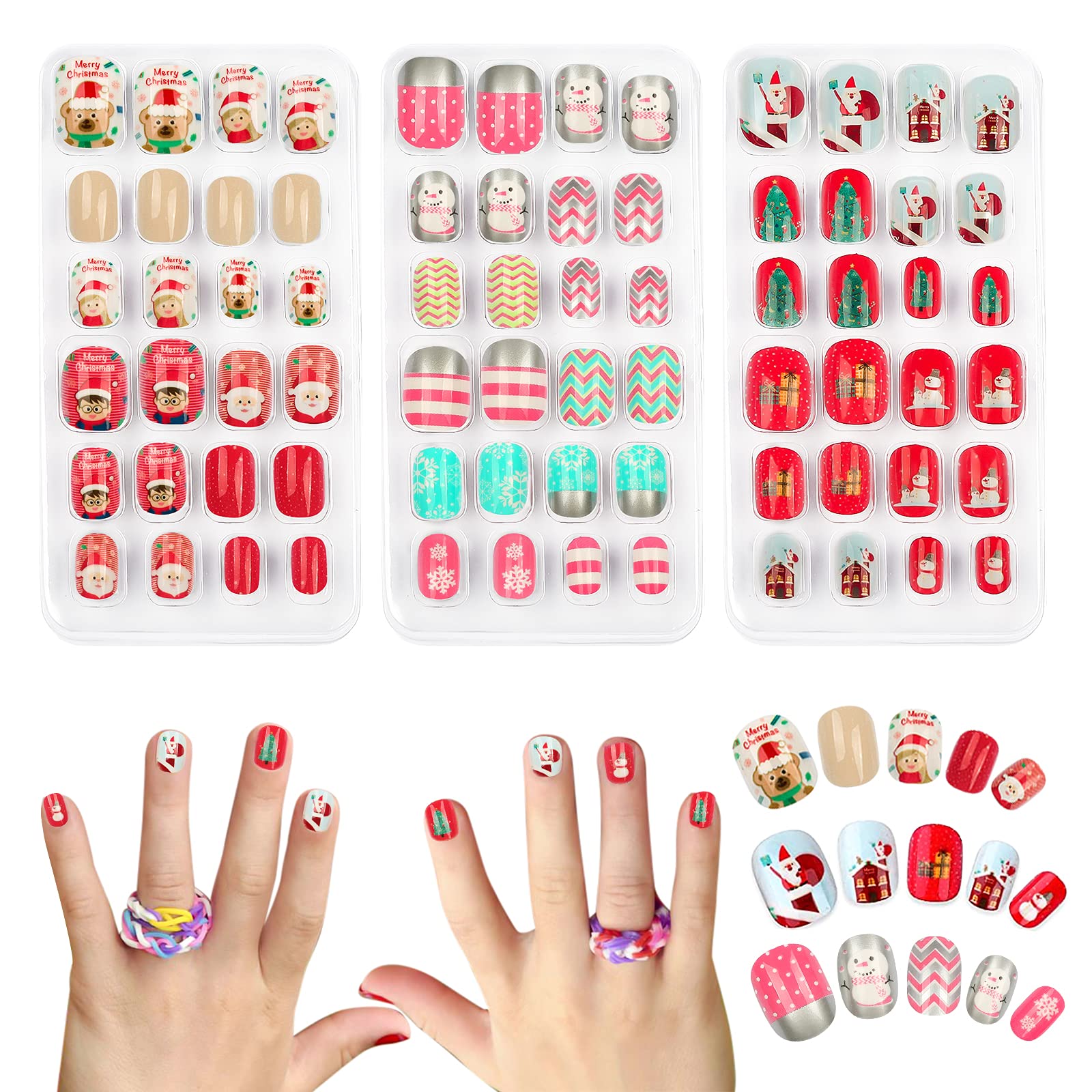72pcs Christmas Kids Fake Nails, Press on Children False Nails Tips, Full Cover Artificial Short Nails Art Kits for Girls Nail Decoration
