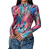 Remidoo Womens Sexy Sheer Mesh Long Sleeve Tops Round Neck Fitted T Shirt