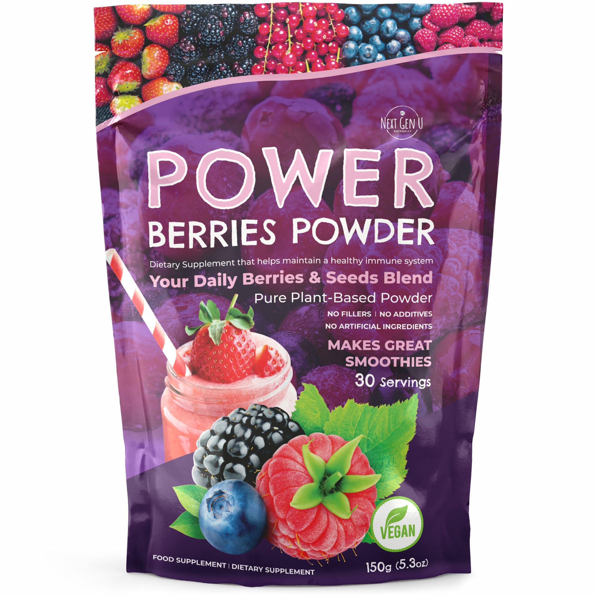 Super Berry Powder - 150g - Immune Support - Food Supplement - Superfood Berries - Smoothie Mix for Shakes - Healthy Boost for Detox Juice Beverages or Any Drink - by NextGenU