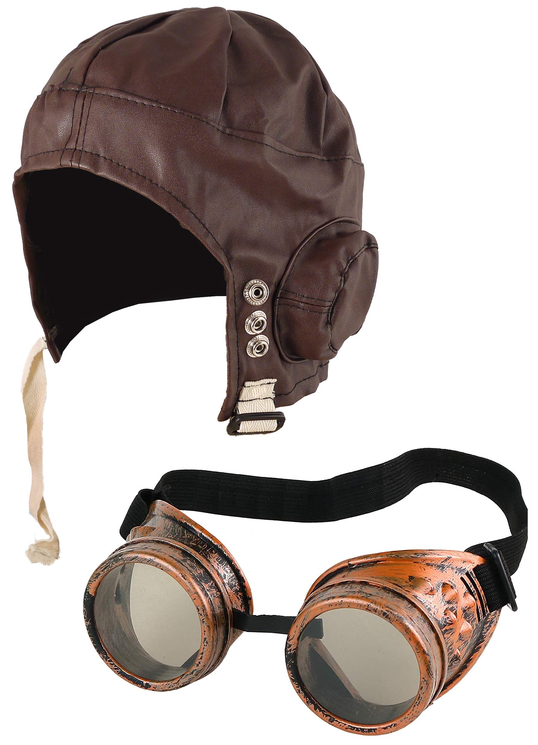 FNA FASHIONS® Biggles Hat Pilot Goggles Frame Aviator Grandpa's Great Escape Fancy Dress Kit
