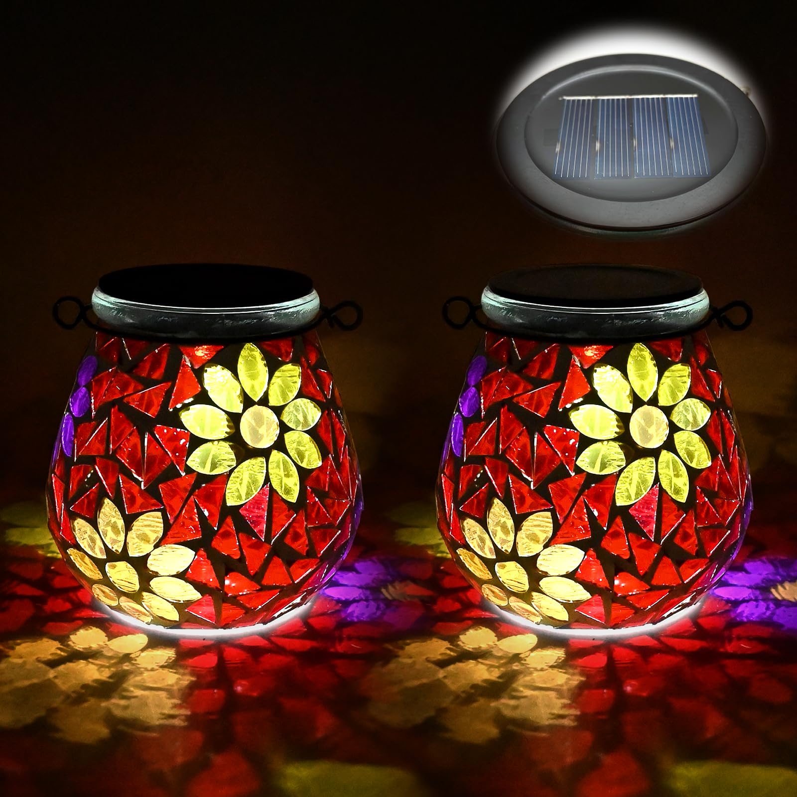 TOTHDATE 2PCS Oval Solar Mosaic Lights Outdoor, On/Off Glass Hanging Solar Mosaic Lanterns Lights IP65 Waterproof for Table Lawn Path Courtyard Deck Fence, Flowers Mosaic Light 2