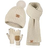 LOROME Women Winter Beanie Hat Scarf Gloves Set, Fleece Knitted Pompom Hat Warm Neck Scarf Touchscreen Gloves Winter Gift