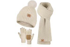 LOROME Women Winter Beanie Hat Scarf Gloves Set, Fleece Knitted Pompom Hat Warm Neck Scarf Touchscreen Gloves Winter Gift