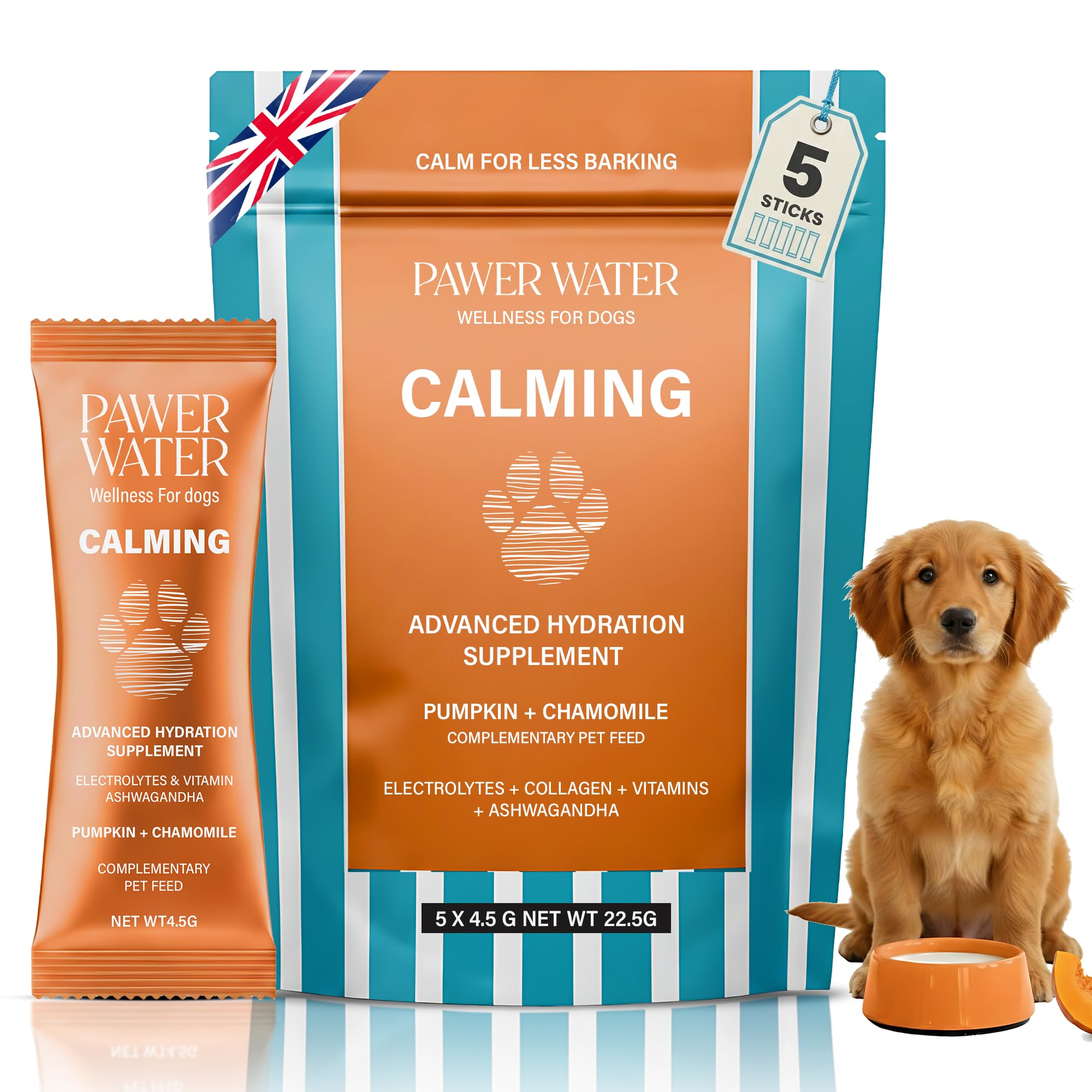 PAWER WATER Dog Anxiety Relief & Hydration Powder – Calm Hyperactive Behavior & Relax Nervous Dogs Safely – with Natural Chamomile, Ashwagandha & Collagen (30 Day Supply) - Upto 20kg Dog