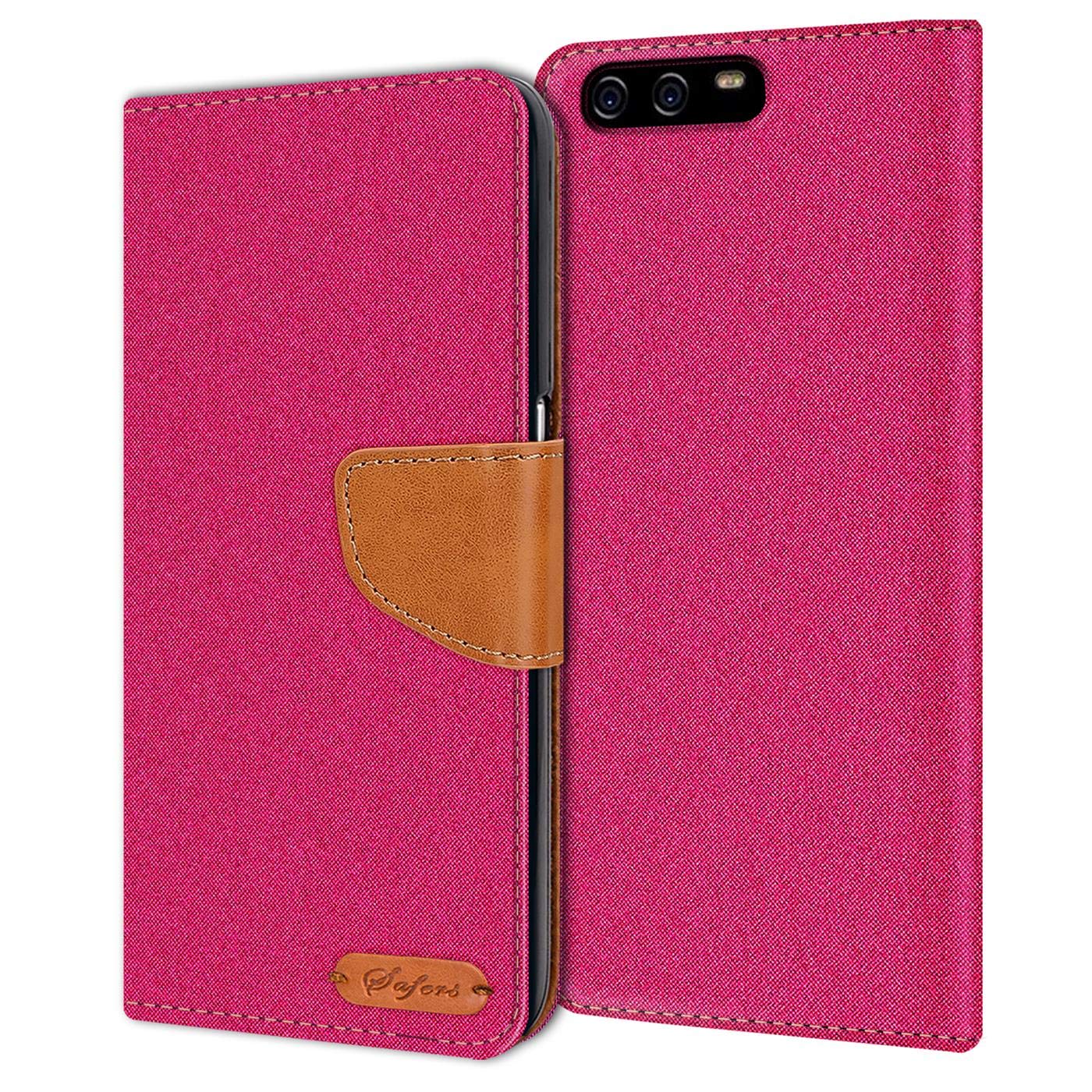 Verco Phone Wallet Case compatible with the Huawei P10, Canvas Faux Leather Book Cover for the Huawei P10 Flip Case Bag Hinged - Pink