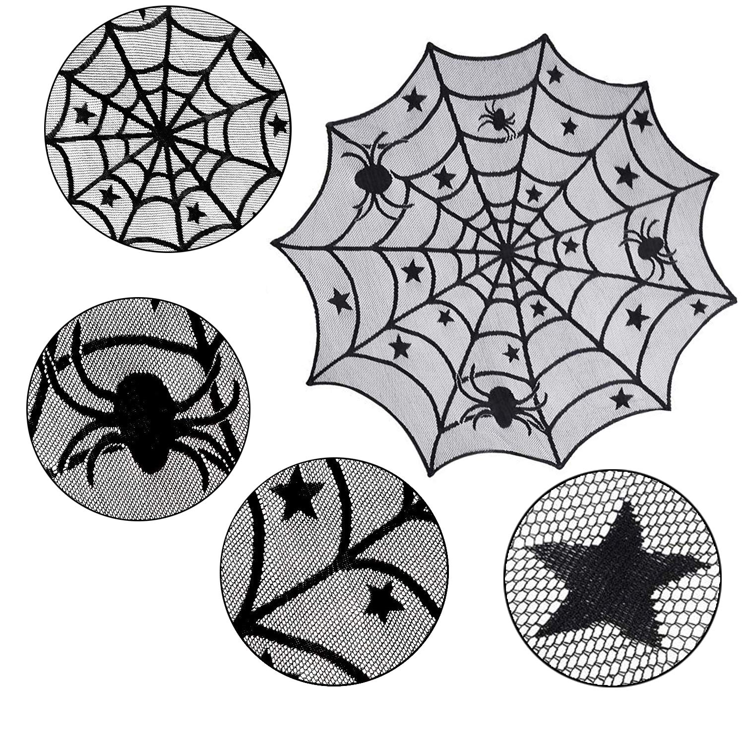 32-Pack Halloween Decorations Sets, Halloween Tablecloth Spooky Bat Spiderweb Lace Tablecloth, Round Lace Table Cover, Halloween Lamp Shades, Fireplace Scarf Cover and Halloween 3D Bats Wall Stickers