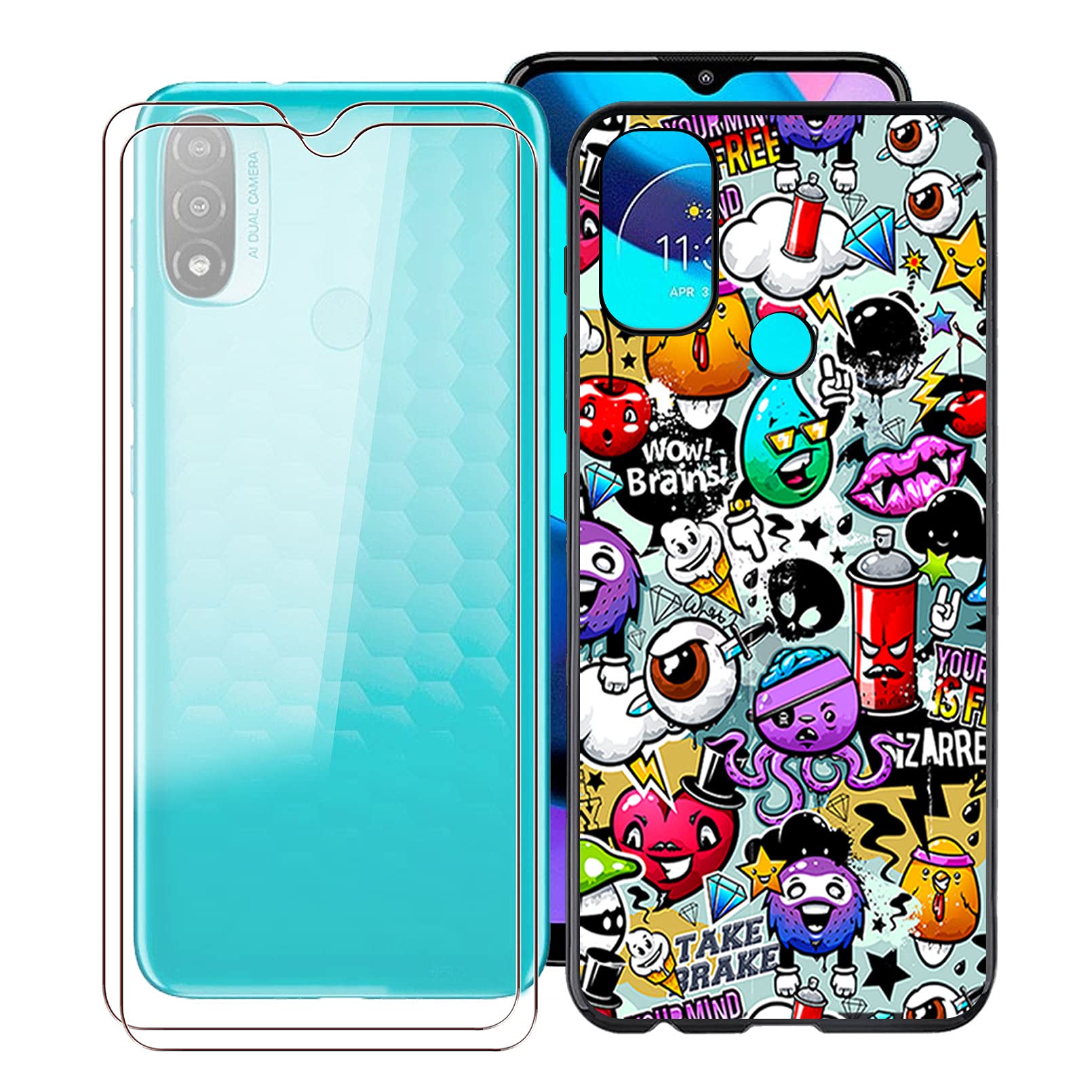 KJYF XS40 Protective Case Black Bumper TPU Cover + 2 Pieces Screen Protector for Motorola Moto E20 (6.5 Inches) Tempered Glass Film + Silicone Shell Mobile Phone Case