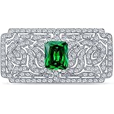 Big Vintage Estate Jewelry Scroll Cubic Zirconia Simulated Green Emerald Red Ruby Blue Sapphire AAA CZ Rectangle Filigree Statement Art Deco Style Brooch Pin For Women Silver Plated