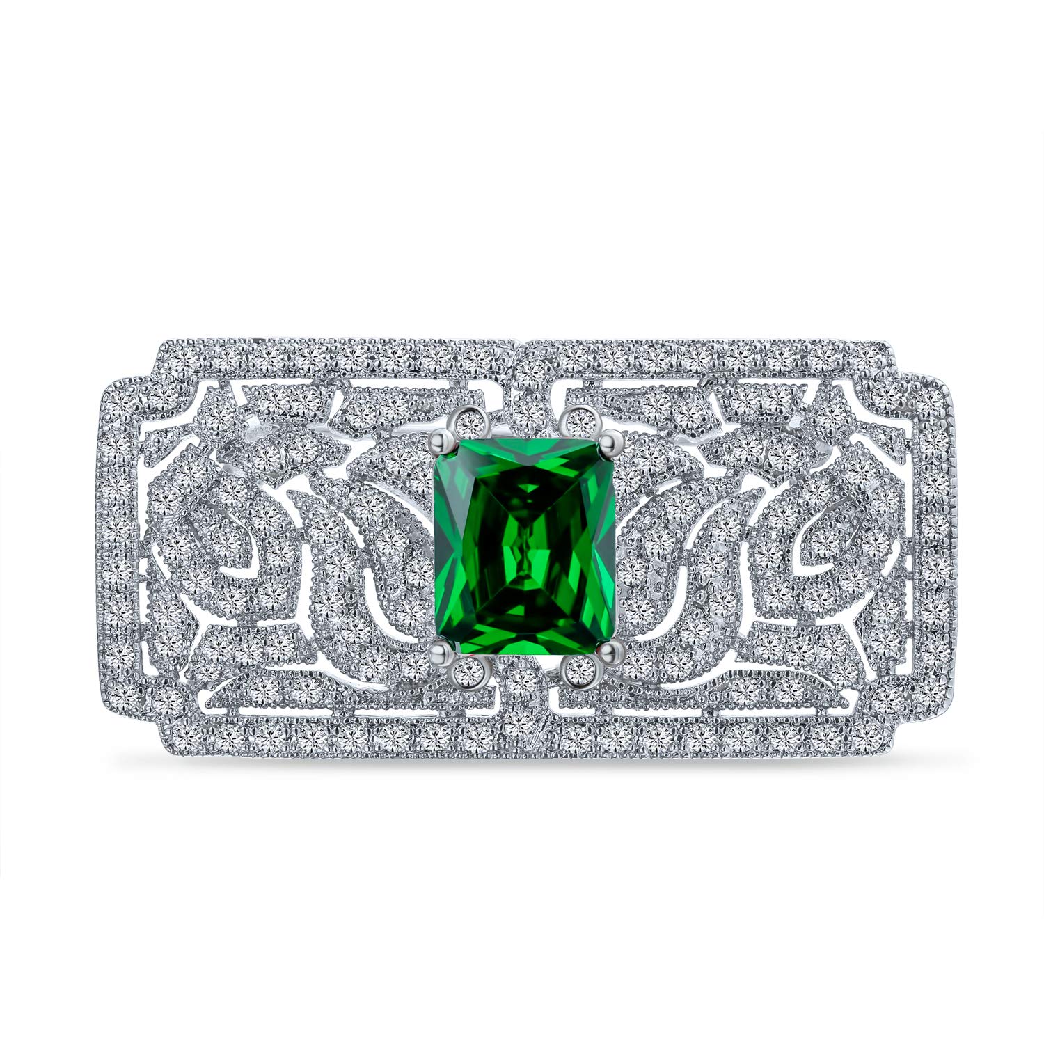 Big Vintage Estate Jewelry Simulated Green Emerald AAA CZ Rectangle Filigree Statement Art Deco Style Brooch Pin For Women Silver Plated