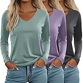Ficerd 3 Pack Women's Long Sleeve T Shirts, V Neck Basic Tops Fall Casual Trendy Tees Loose Fit Soft Clothes Outfits