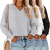 Ficerd 3 Pack Women's Crop Long Sleeve Tops V Neck Loose Cropped T Shirts Drop Shoulder Casual Basic Fall Winter Boxy Tees