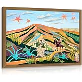 LERVR Wood Framed Southwestern Desert Wall Art, Colorful Desert Landscape Cowboy Cactus Decor, Rodeo Cowboy Horse Poster Print, Vibrant Mountain Western Artwork for Living Room Bedroom 12x16 Inch