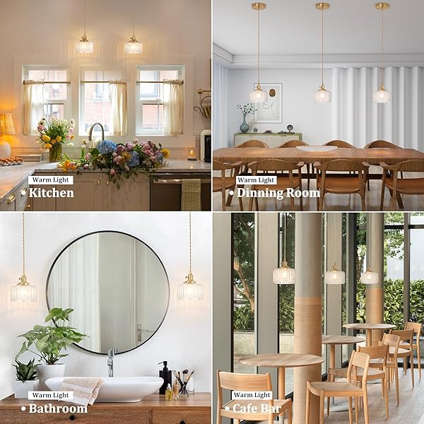 SHENMOYL PENDANT LIGHT 2 PACK WITH CLEAR STRIPED GLASS LMAPSHADE, BRASS VINTAGE PENDANT LIGHT ADJUSTABLE HANGING LIGHT FOR KITCHEN ISLAND DINING ROOM HALLWAY