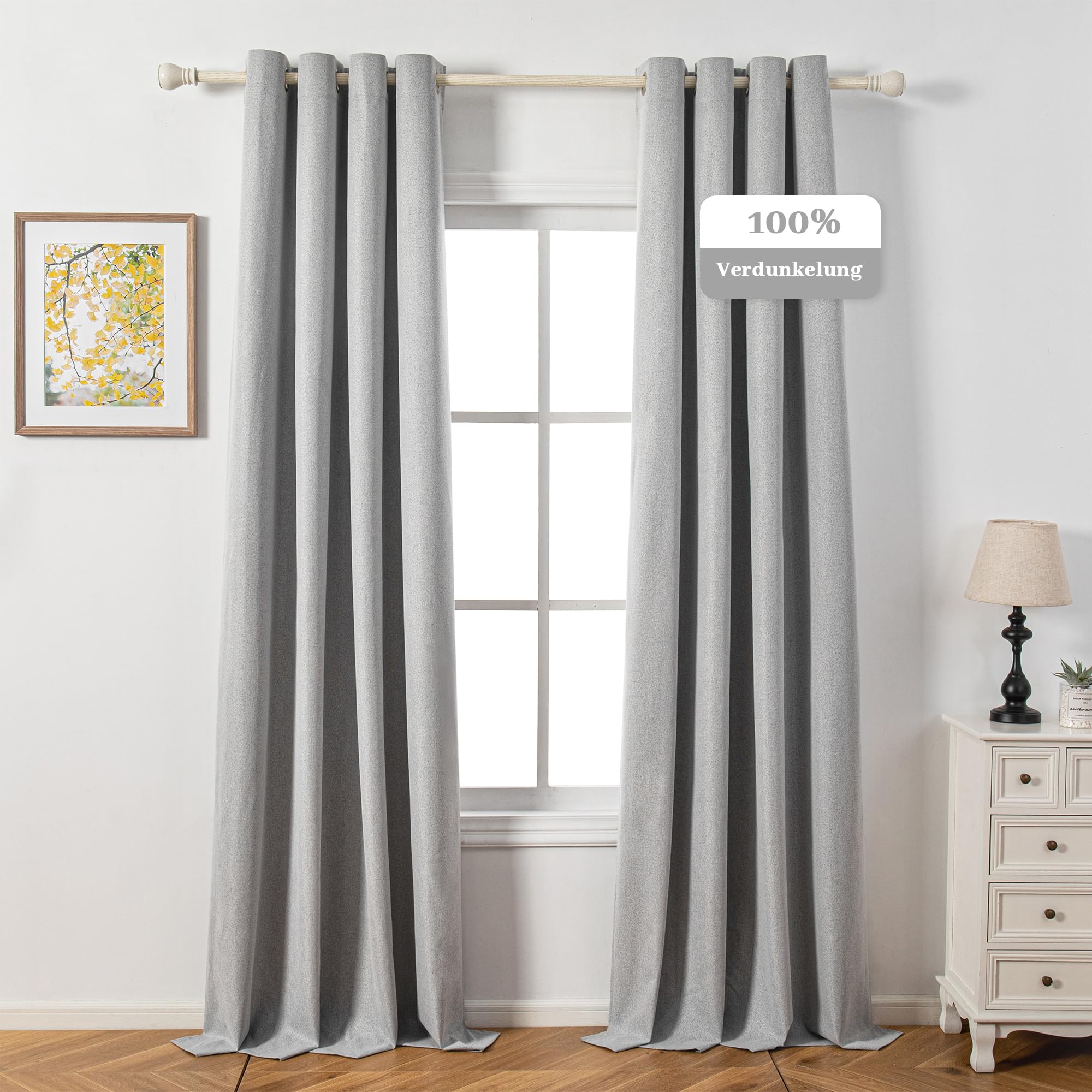MYSKY HOME Blackout curtains for living room with eyelets, H 260 x W 140 cm, linen look, opaque curtains, heat insulating, cold protection, light grey.