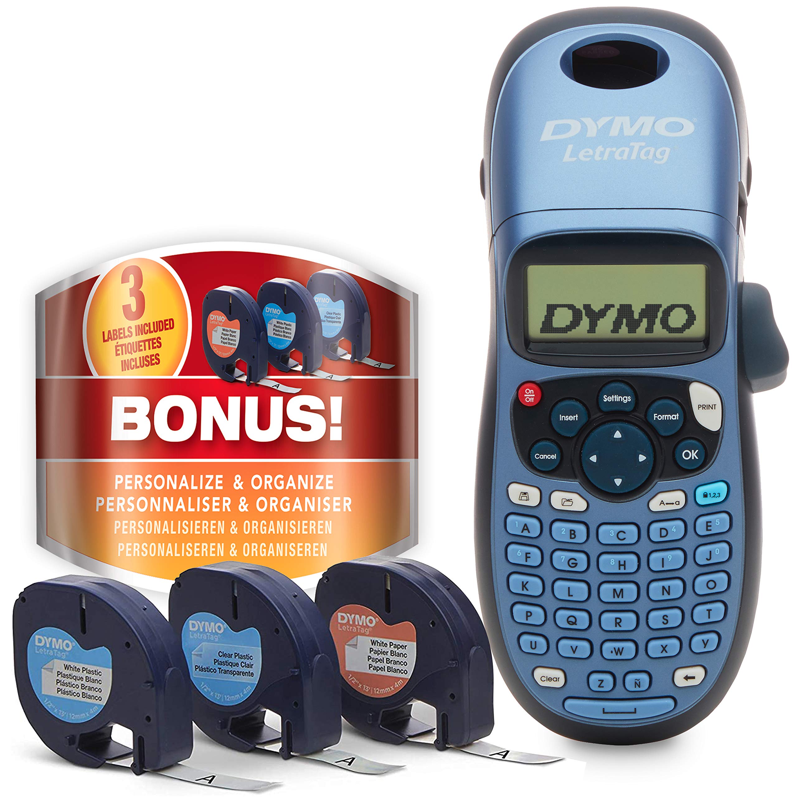 Dymo LetraTag LT-100H Label Maker Starter Kit | Handheld Label Printer Machine | with Plastic, Paper & Clear Label Tape | Ideal for Office or Home