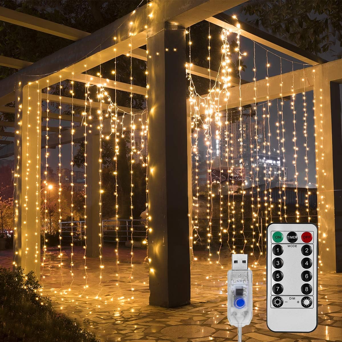 YUNLIGHTS Curtain Lights with 300 LED, Upgraded Twinkle Lights with 8