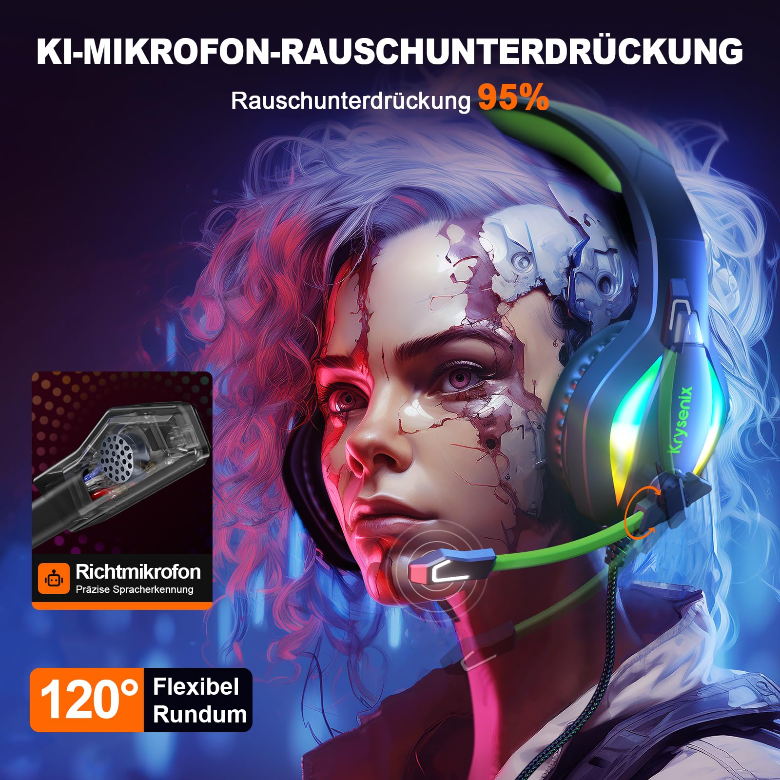 Krysenix PG1 RGB Gaming Headset für PS4, PS5, PC, Xbox,Switch, PS5 Gaming Kopfhörer mit LED Licht, Over Ear PC Headset mit Noise Cancelling Mikrofon und 3,5 mm Klinke,Dunkel grün 3