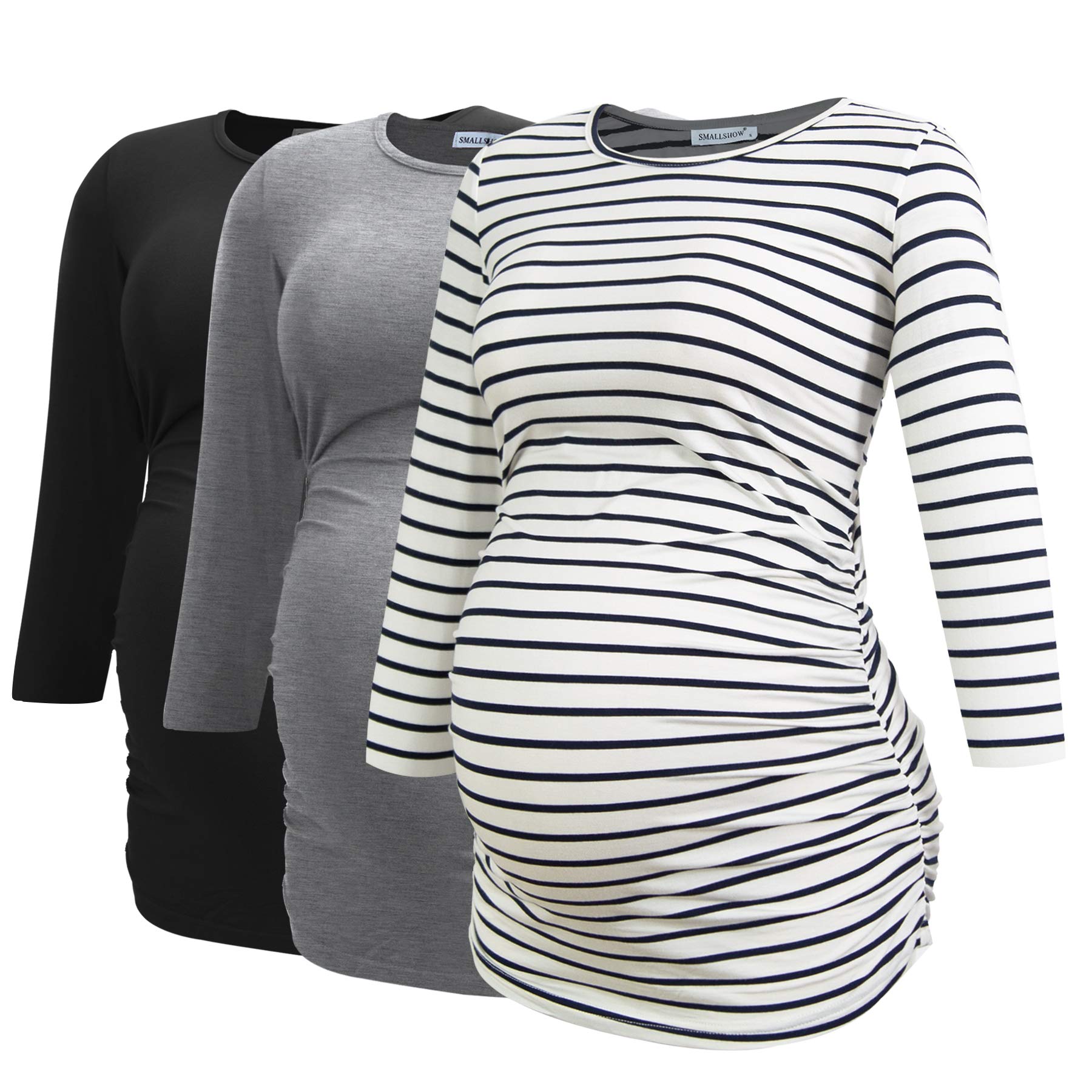 Smallshow Maternity Tops for Women 3/4 Sleeve Ruched Pregnant Clothes 3-Pack,Black/Grey/White Stripe,L